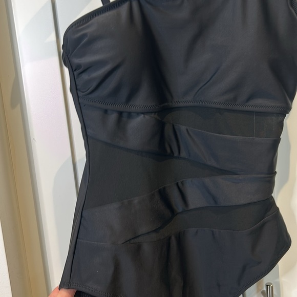 Blooming Jelly One Shoulder Slimming Black One Piece Swimsuit w/ Sheer Panels - Picture 7 of 12